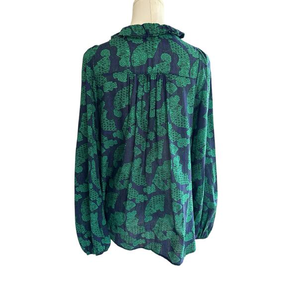 Bucket List Green and Navy Lightweight Cotton Button Up Ruffle Neck Blouse Small - Picture 12 of 12